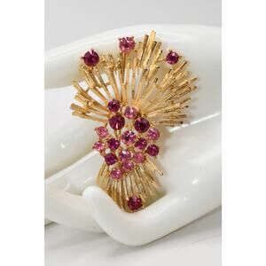 Vintage Lisner Pink Rhinestone Gold Tone Spray Brooch 2.75 Inch Signed